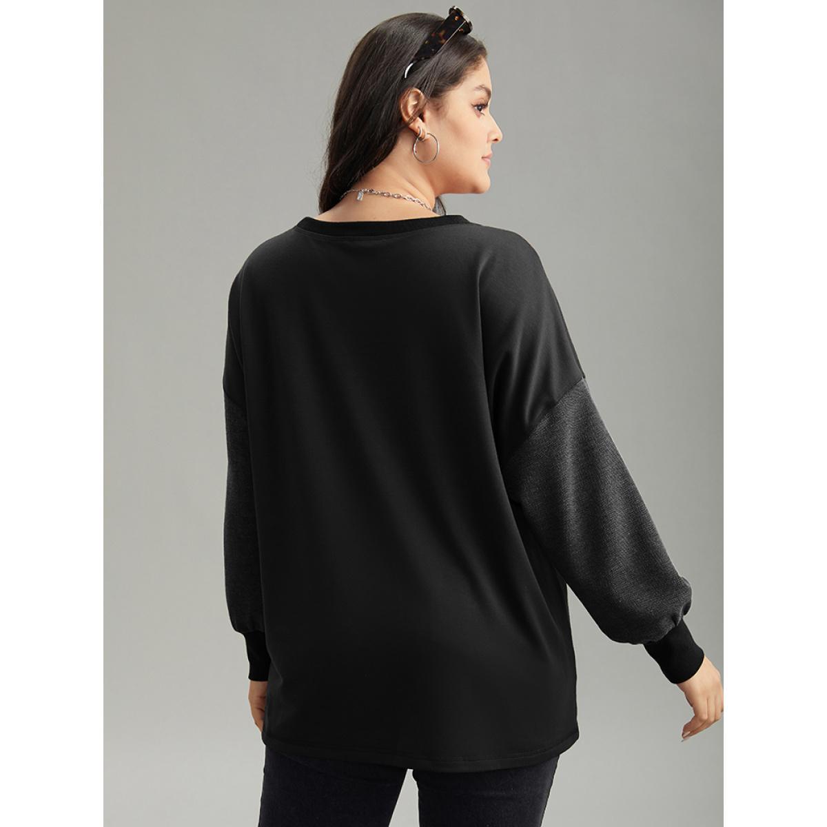 Plus Size Two Tone Patched Pocket Drop Shoulder Sweatshirt Women Black Casual Elastic cuffs Round Neck Everyday Sweatshirts BloomChic 30/6X Product Image