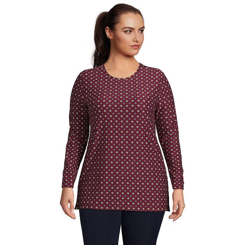 Petite Lands End Long Sleeve Performance Crew Neck Tunic, Womens Red Geo Product Image