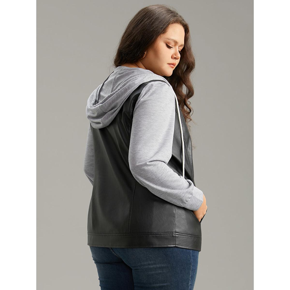 Plus Size PU Leather Zipper Hooded Drawstring Jacket Women Black Contrast Pocket Everyday Jackets BloomChic 28/5X Product Image