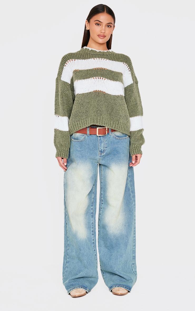 Khaki Stripe Distressed Detail Chunky Knit Sweater Product Image