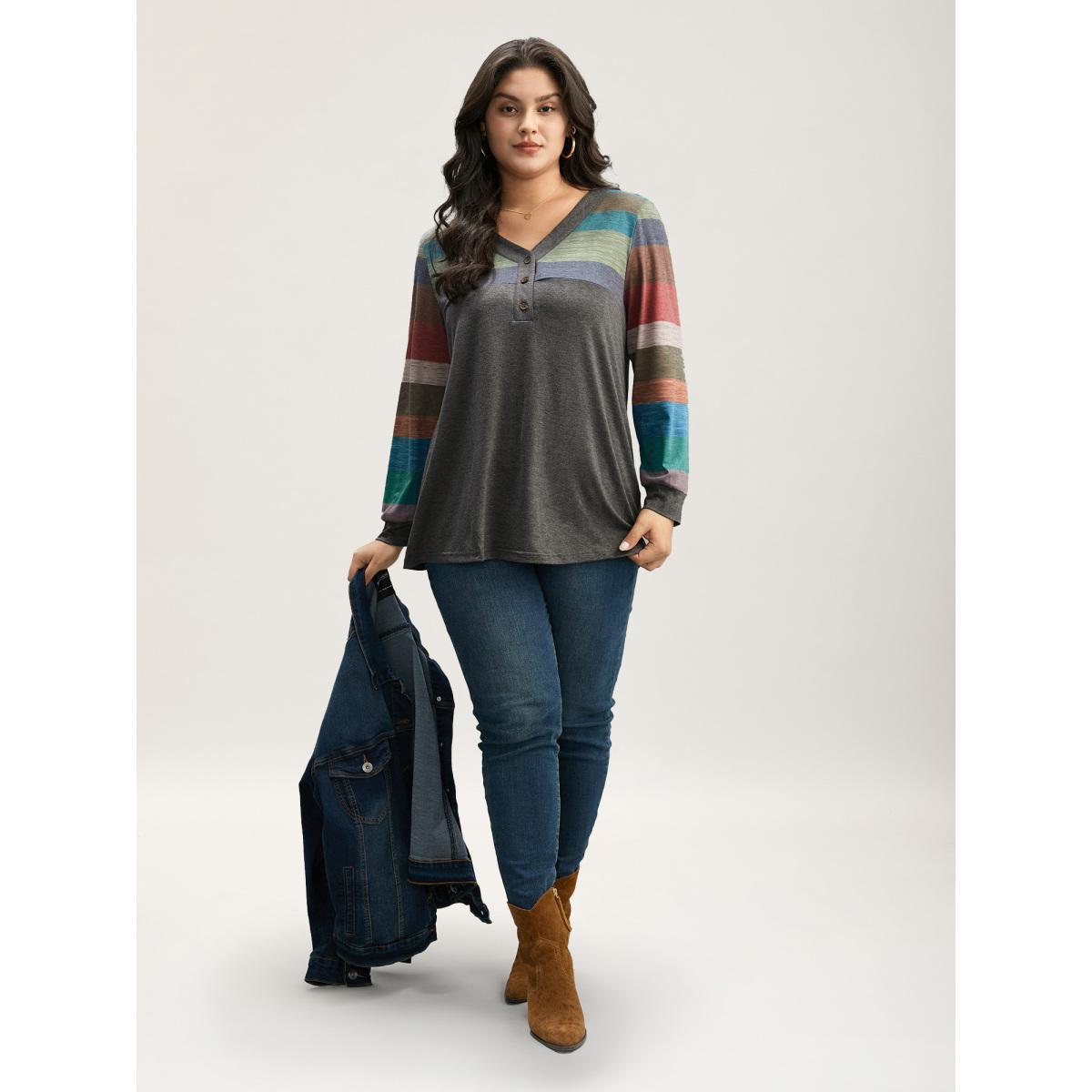 Plus Size Colorblock Contrast V Neck Button Up T-shirt Multicolor Women Casual Elastic cuffs Striped V-neck Everyday T-shirts BloomChic 12/L Product Image