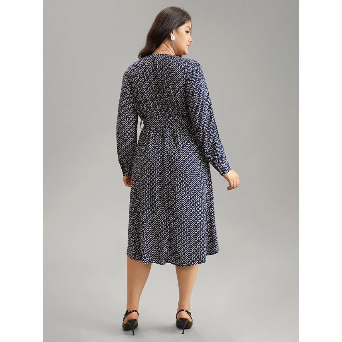 Plus Size Geometric Graphic Notched Zipper Bowknot Dress DarkBlue Women At the Office Belted Notched collar Long Sleeve Curvy Midi Dress BloomChic 18-20/2X Product Image