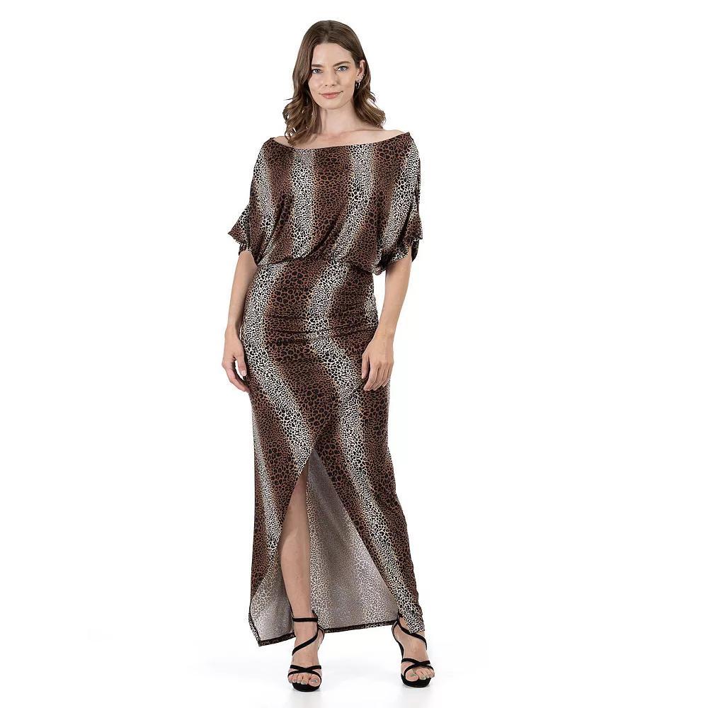 Women's 24Seven Comfort Apparel Long Sleeve Wide Boatneck Side Slit Maxi Dress, Size: 1XL, Brown Team Product Image