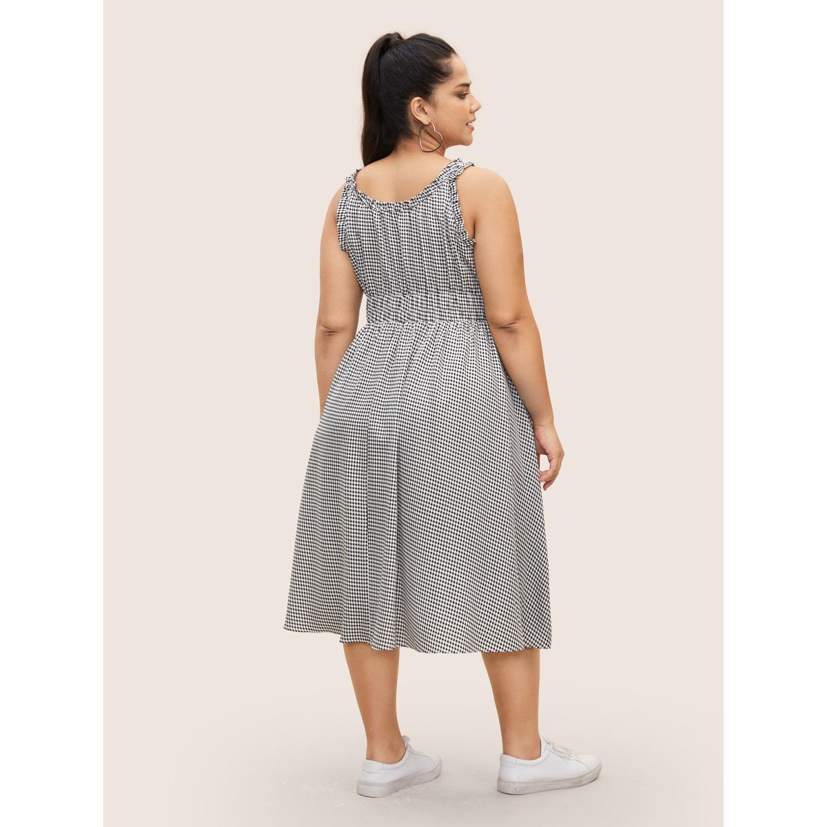 Plus Size Gingham Frill Trim Gathered Midi Dress Black Women Casual Gathered Round Neck Sleeveless Curvy BloomChic 18-20/2X Product Image