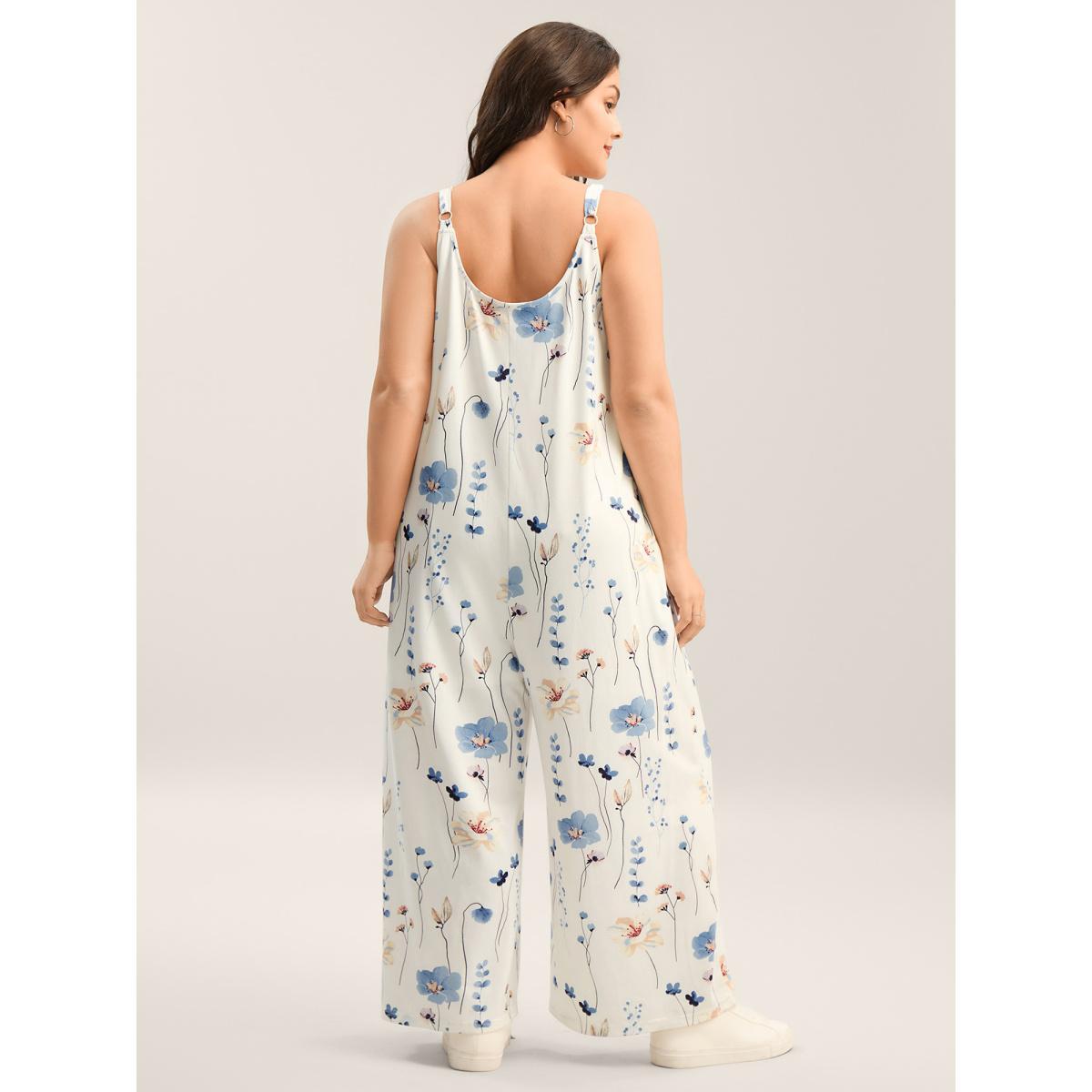 Plus Size WhiteSmoke Stretchy Lined Floral Print Cami Jumpsuit Women Sleeveless V-neck Everyday-Casual Loose Jumpsuits BloomChic 26/4X Product Image