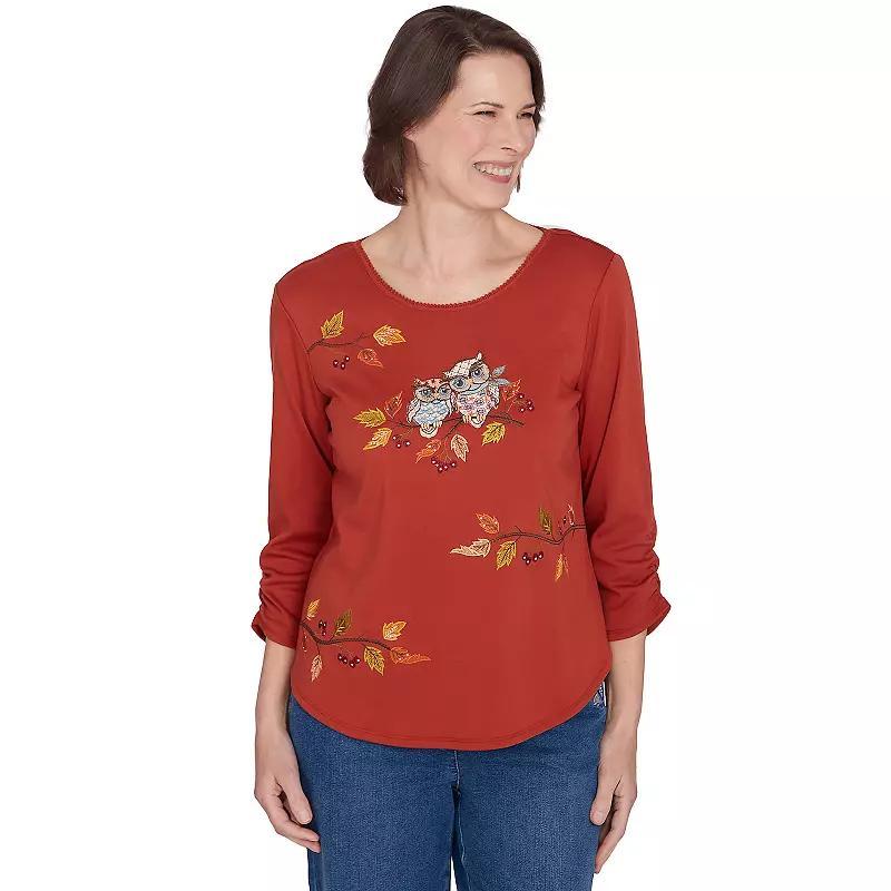 Women's Alfred Dunner Nuzzling Owls Ruched Sleeve Top, Size: XL, Terracotta Product Image