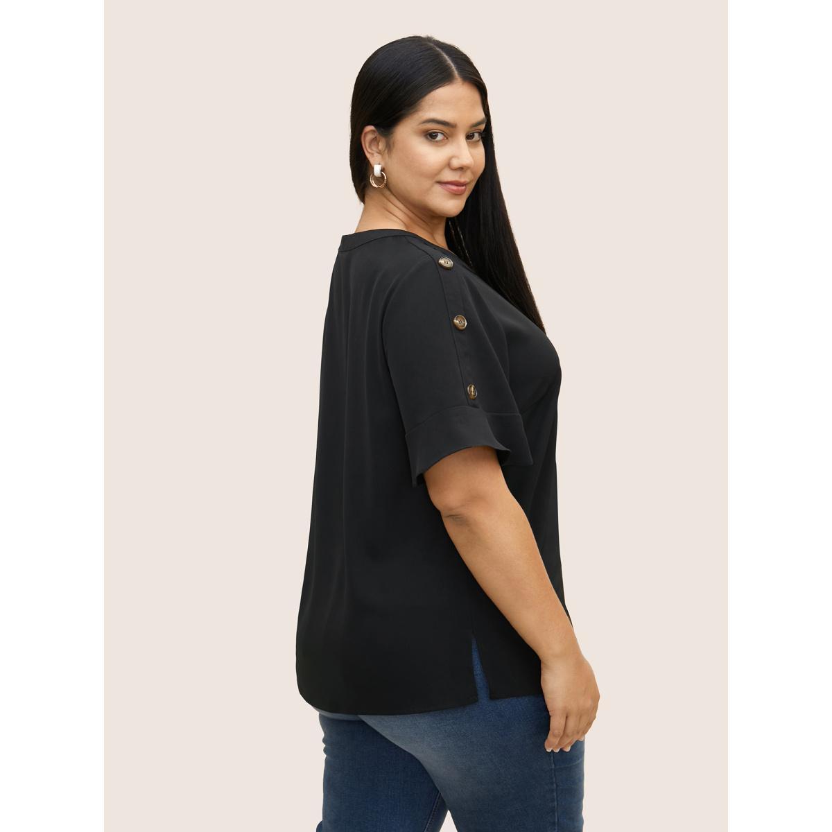 Plus Size Black Solid Cut Out Ruffles Button Detail Blouse Women Work From Home Short sleeve Round Neck Work Blouses BloomChic 18-20/2X Product Image