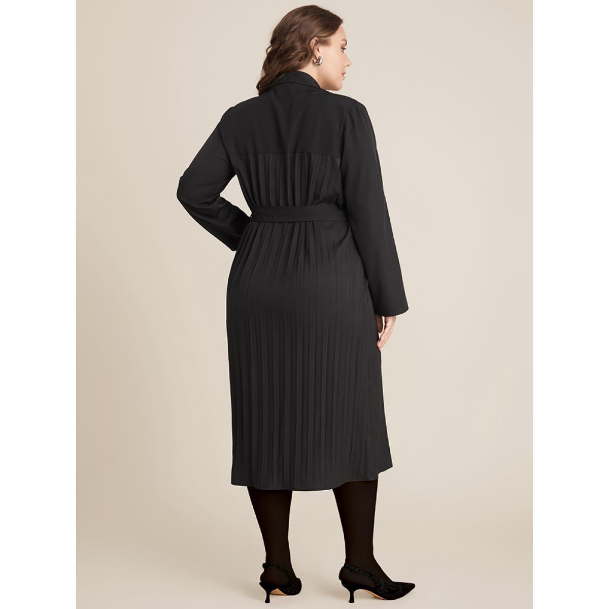 Plus Size Solid Belted Pleated Shirt Collar Dress Black Women Office Belted Shirt collar Long Sleeve Curvy Midi Dress BloomChic 12/L Product Image