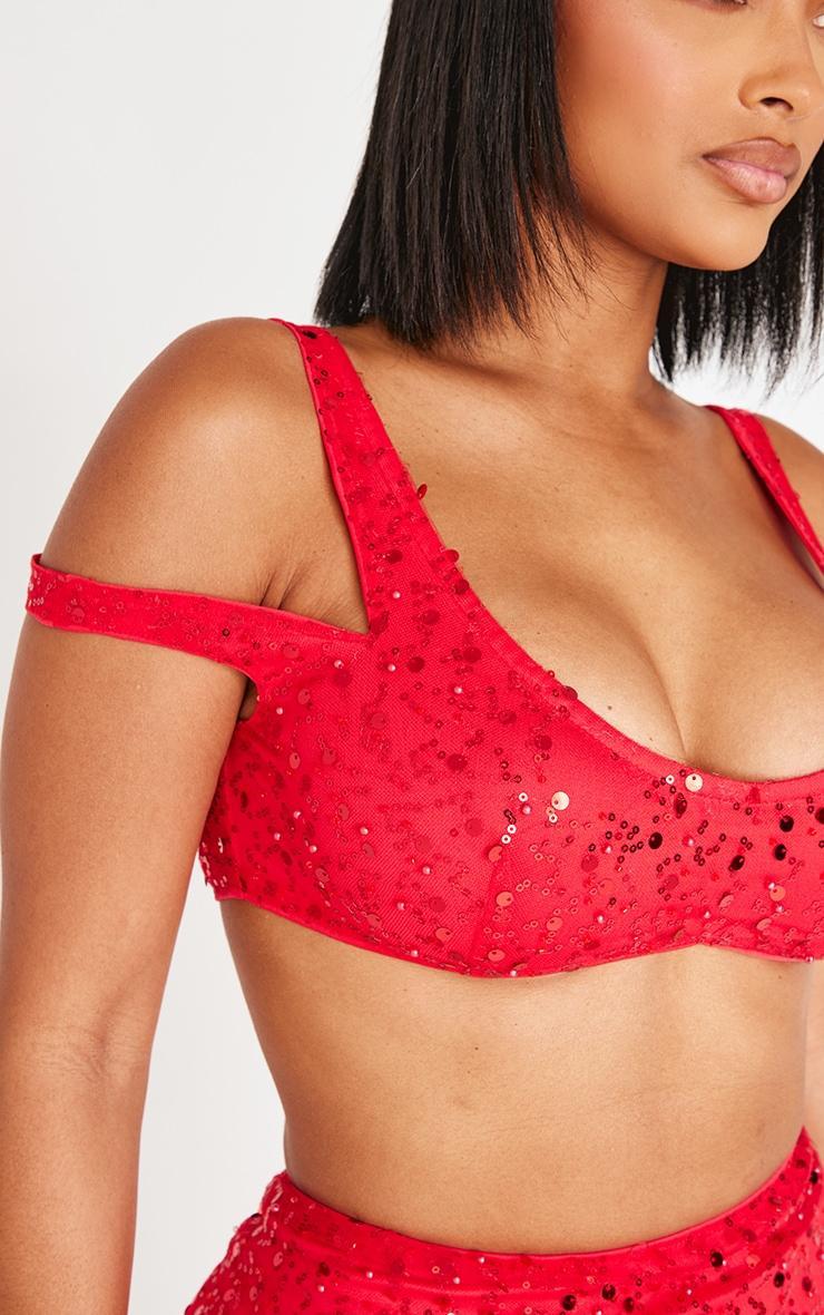 Shape Red Pearl Sequin Bardot Strappy Crop Top Product Image