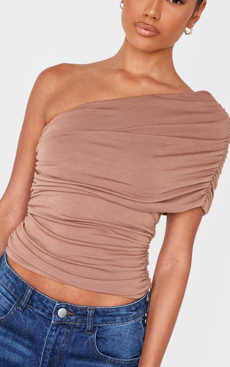 Chocolate Contour Jersey One Shoulder Fold Over Ruched Top Product Image