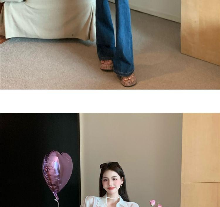 Collared Plain Oversized Shirt / High Waist Washed Flared Jeans Product Image