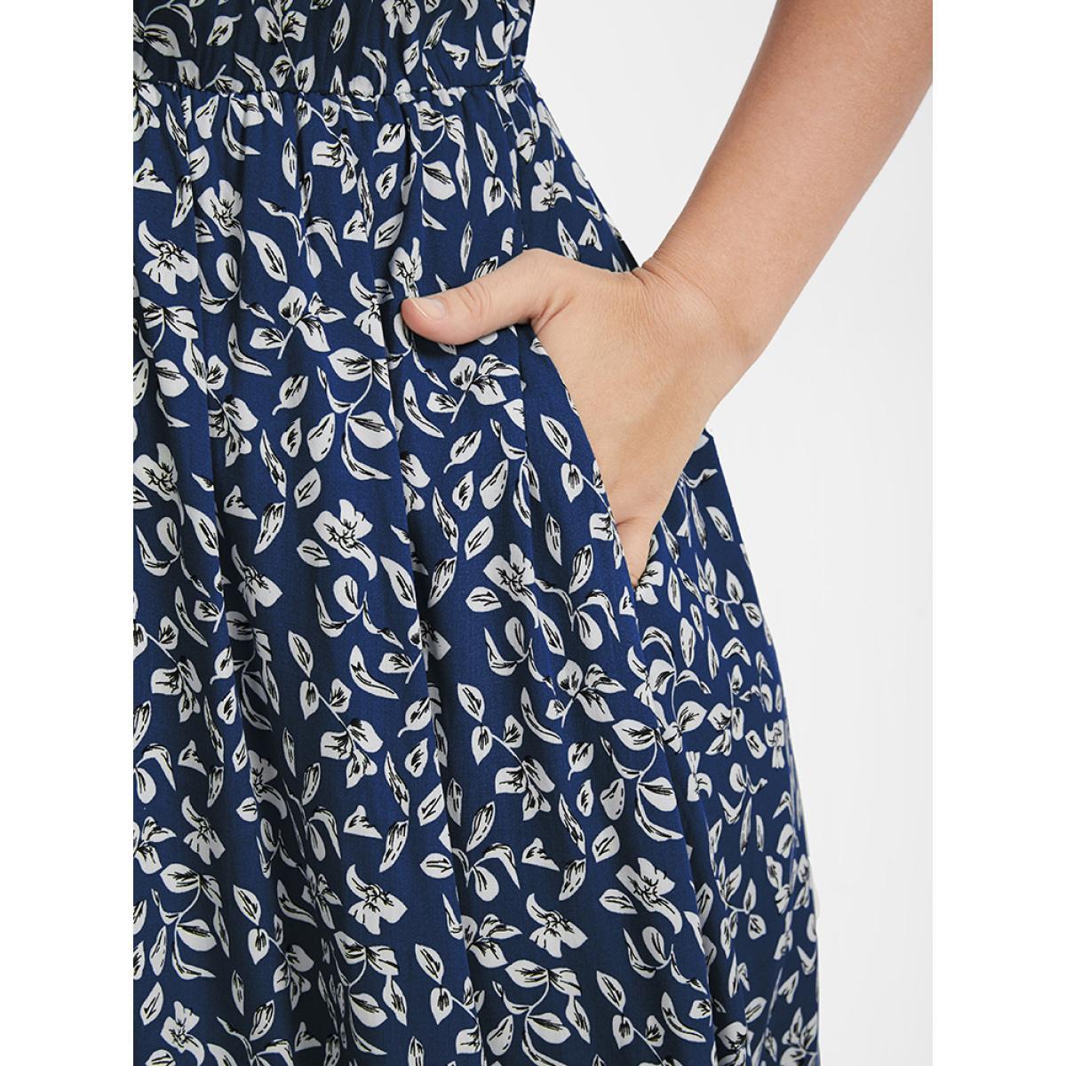 Plus Size Ditsy Floral Button Lace Pocket Split Ruffles Maxi Dress DarkBlue Women Elegant Printed V-neck Short sleeve Curvy Long Dress BloomChic 30/6X Product Image