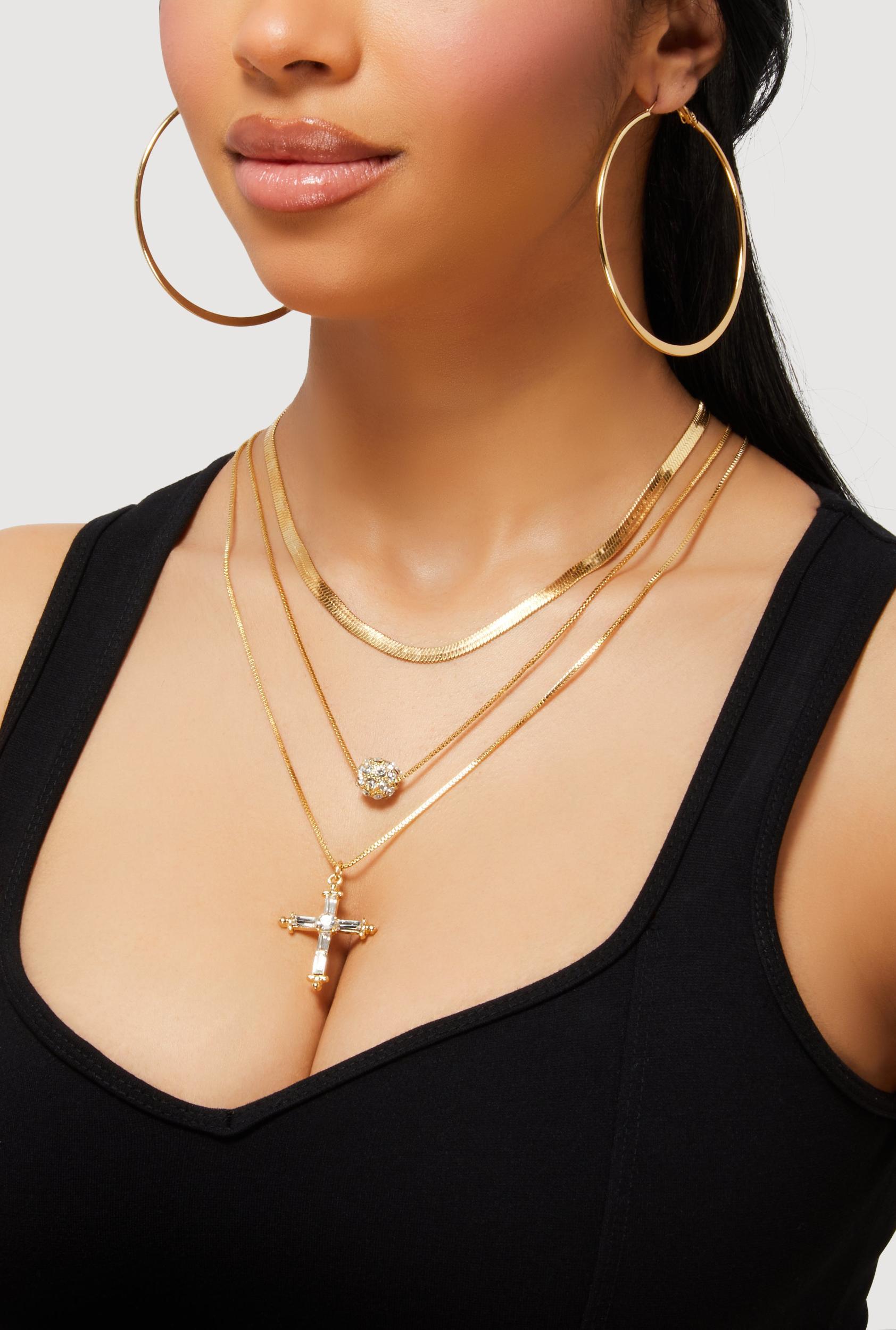 Cubic Zirconia Cross Layered Necklace and Hoop Earrings Female Product Image