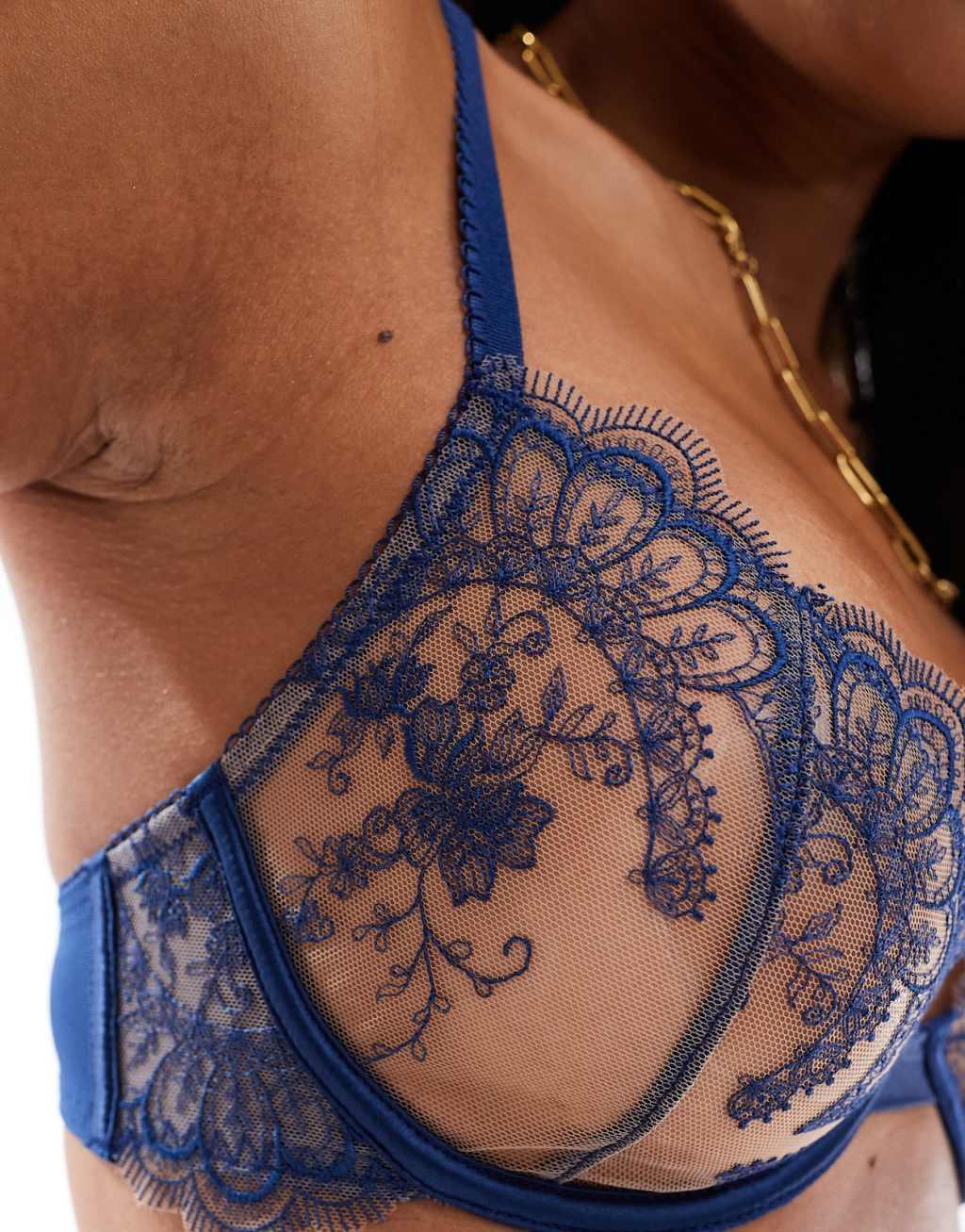 ASOS DESIGN Premium fine embroidery underwired bra in navy Product Image