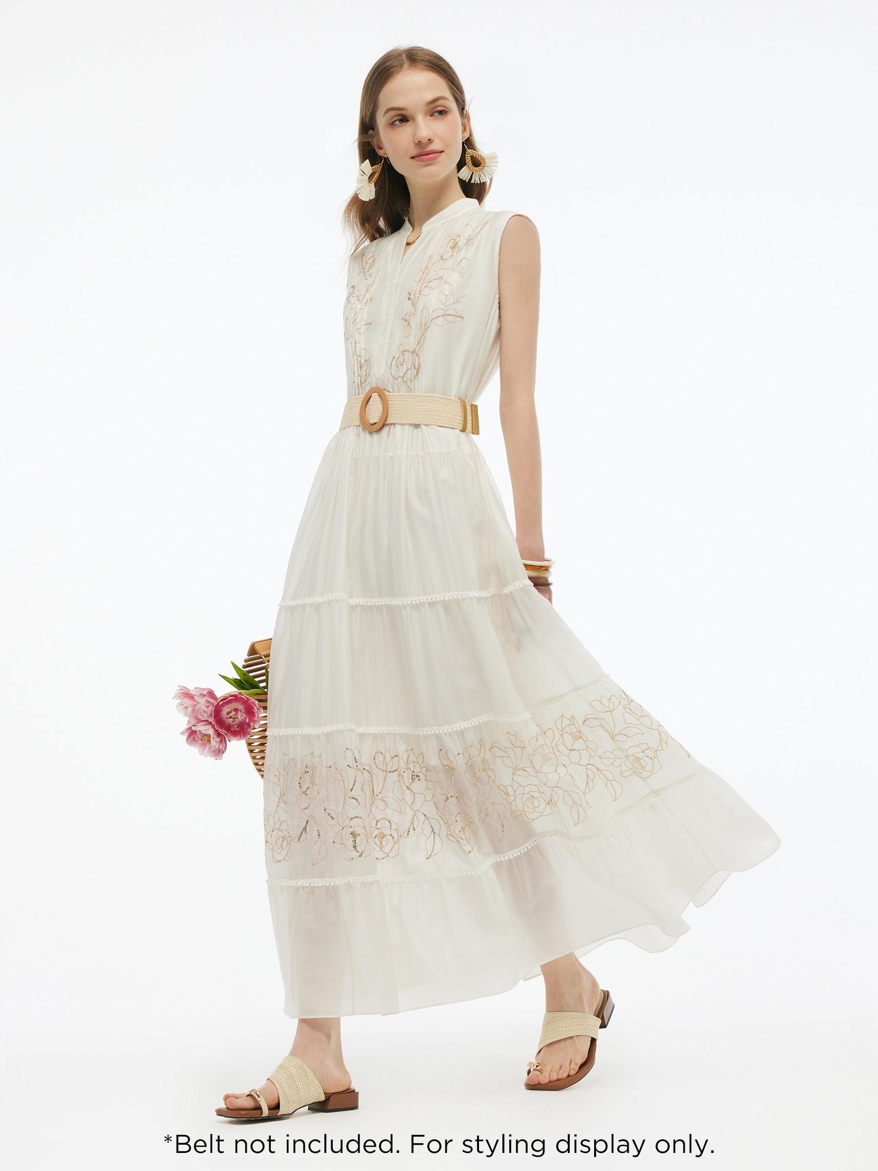 Tencel Blend Embroidered Women Maxi Vest Dress With Tie String Belt Product Image