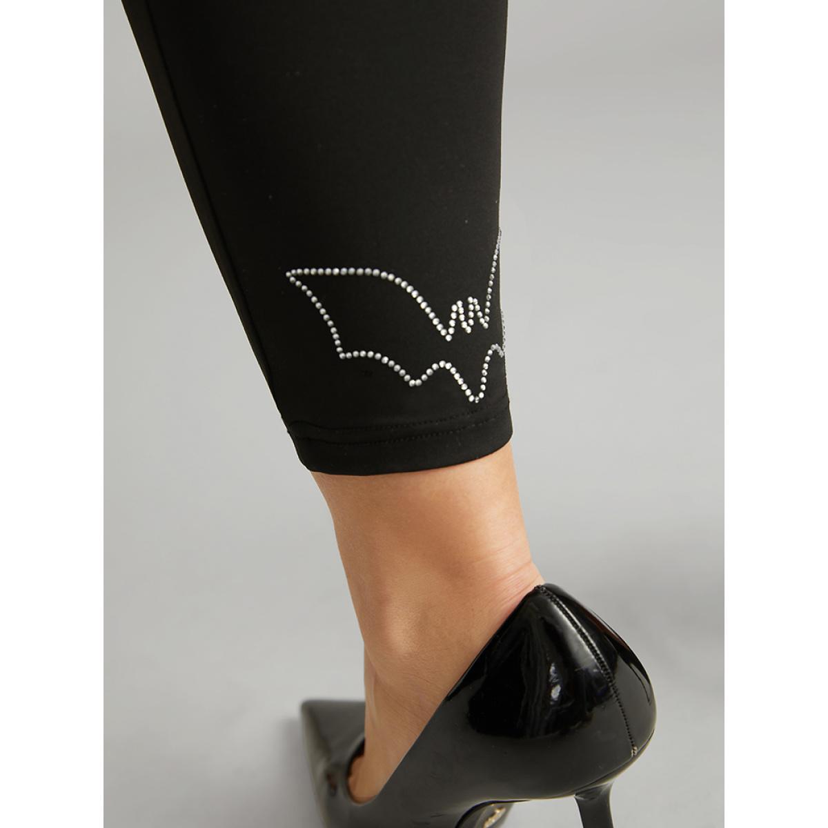 Plus Size Stretchy-Fit Rhinestone Elastic Waist Leggings Women Black Elegant High stretch Skinny High Rise Dailywear Leggings BloomChic 10/M Product Image