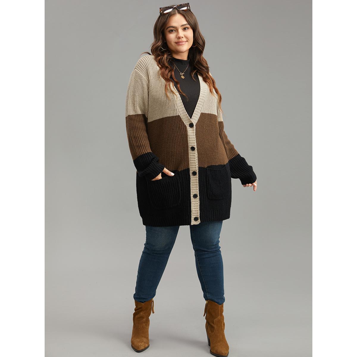 Plus Size Contrast Button Through Patched Pocket Cardigan Multicolor Women Casual Loose Long Sleeve Dailywear Cardigans BloomChic 14-16/1X Product Image