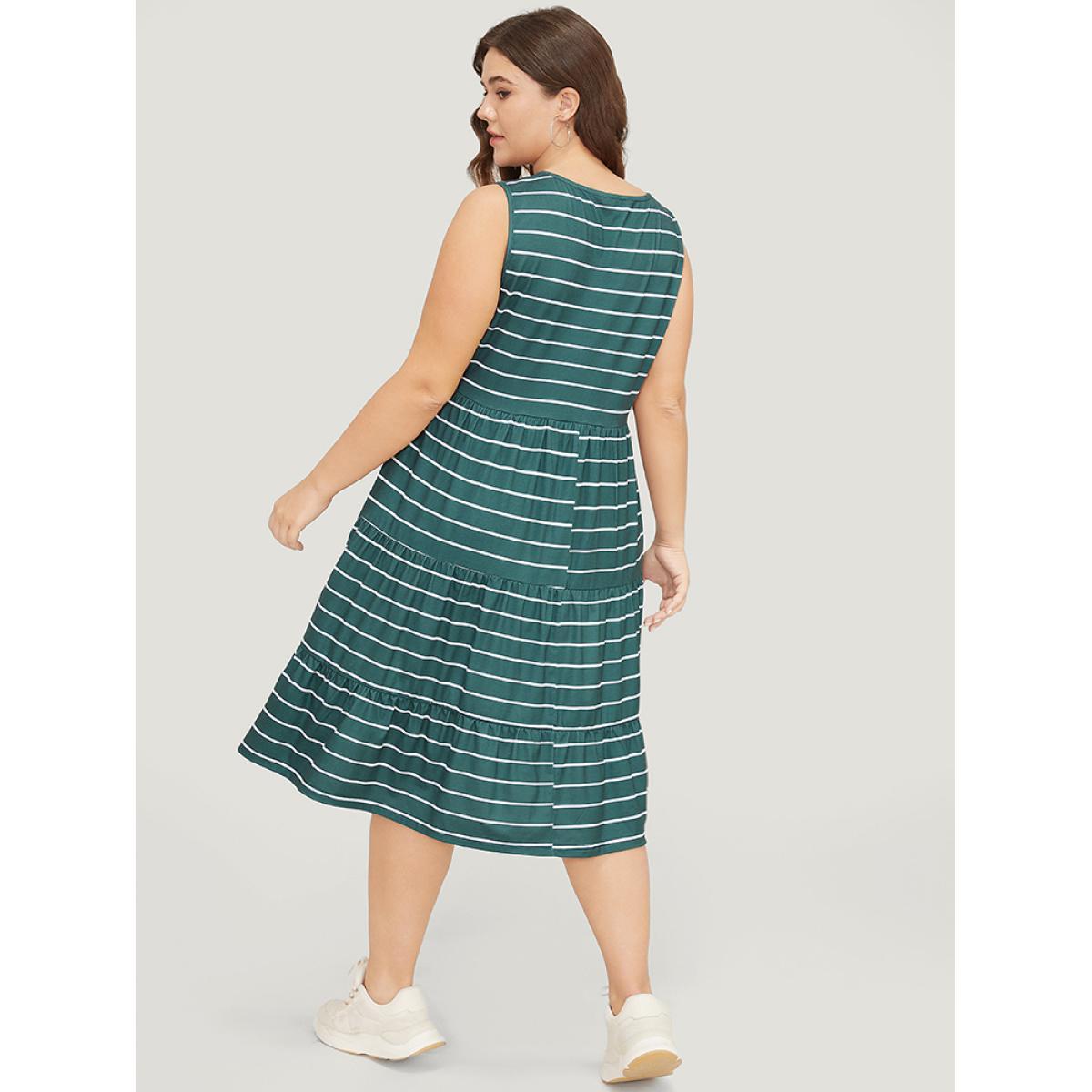 Plus Size Striped Print Button Detail Ruffle Tiered V Neck Tank Dress Cyan Women Casual Contrast V-neck Sleeveless Curvy Midi Dress BloomChic 10/M Product Image