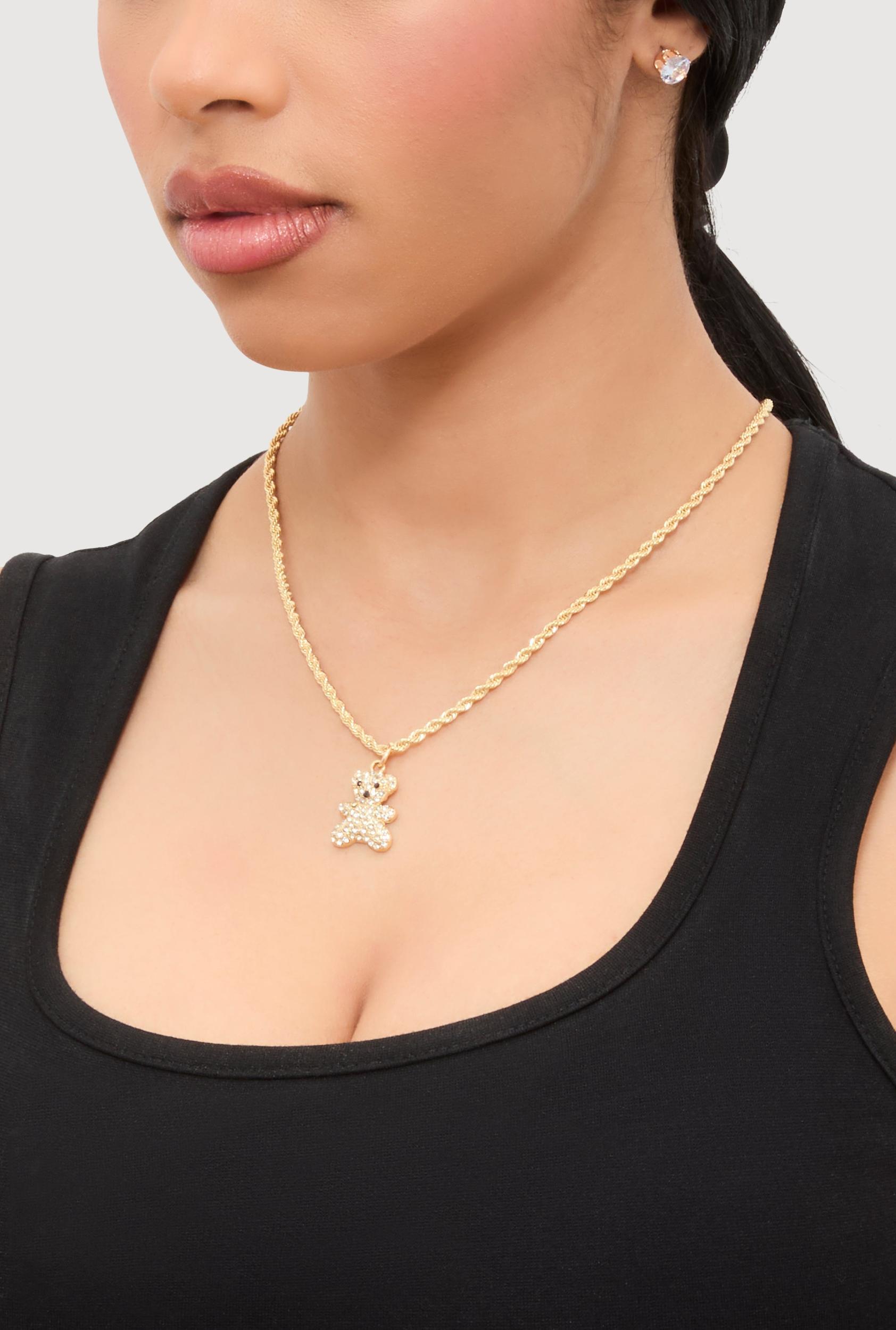 Cubic Zirconia Bear Charm Necklace with Stud Earrings Female Product Image
