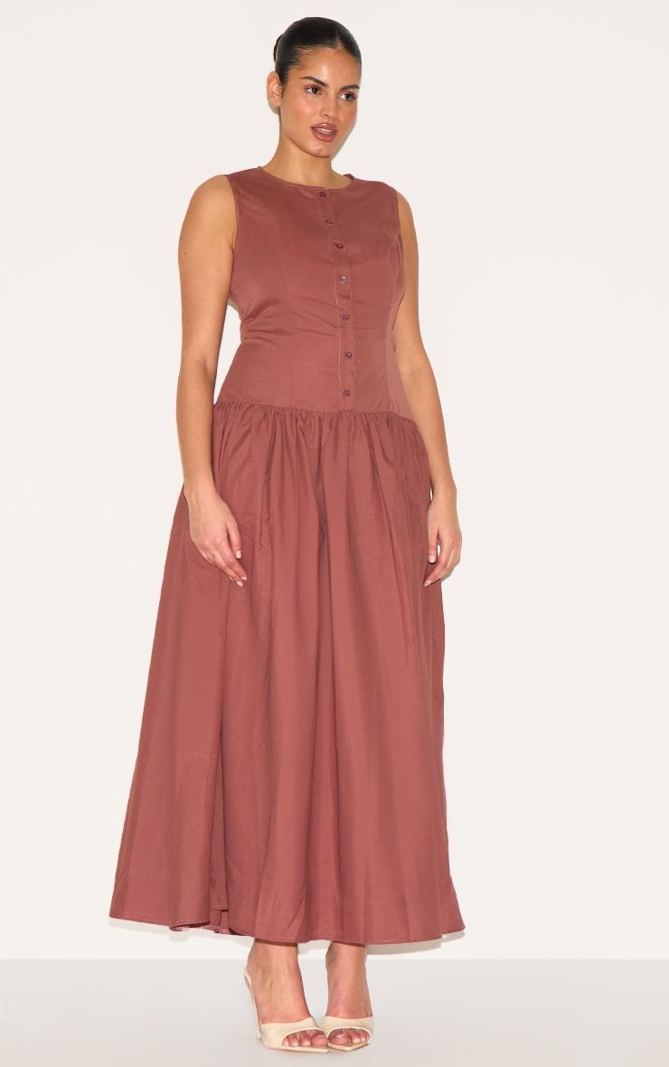 Plus Brown Button Down Drop Waist Maxi Dress Product Image