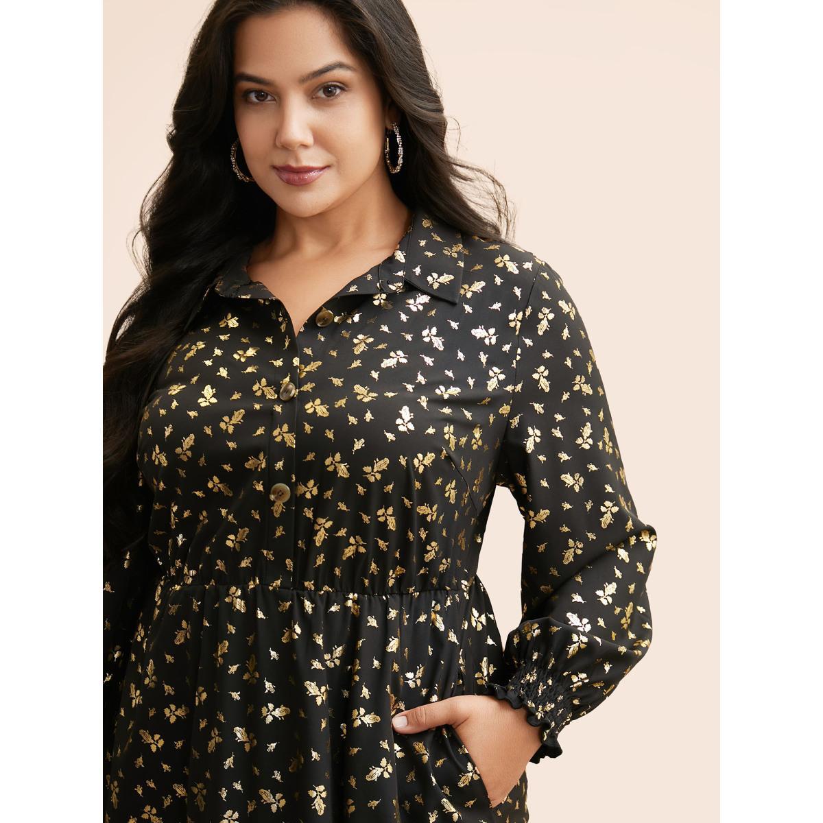 Plus Size Glitter Floral Frill Trim Shirred Dress Black Women Cocktail Texture Party Curvy Bloomchic 12/L Product Image