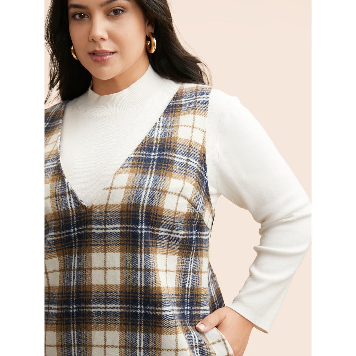 Plus Size Plaid V Neck Sleeveless Dress Multicolor Women Elegant Texture Deep V-neck Sleeveless Curvy BloomChic 10/M Product Image