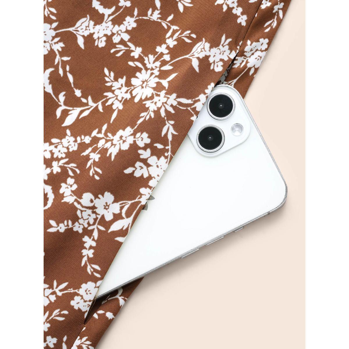 Plus Size Ditsy Floral Shirred Ruffle Hem Dress Browncoffeecolor Women Elegant Shirred V-neck Short sleeve Curvy BloomChic 14-16/1X Product Image