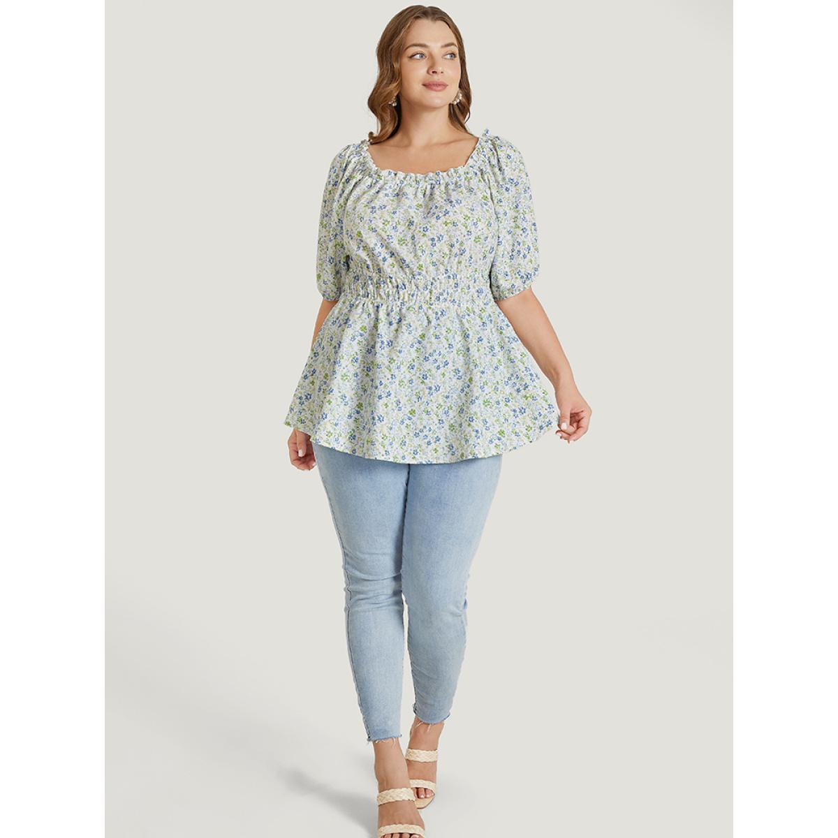 Plus Size Multicolor Ditsy Floral Puff Sleeve Frill Trim Elastic Waist Blouse Women Elegant Short sleeve Square Neck Dailywear Blouses BloomChic 22-24/3X Product Image
