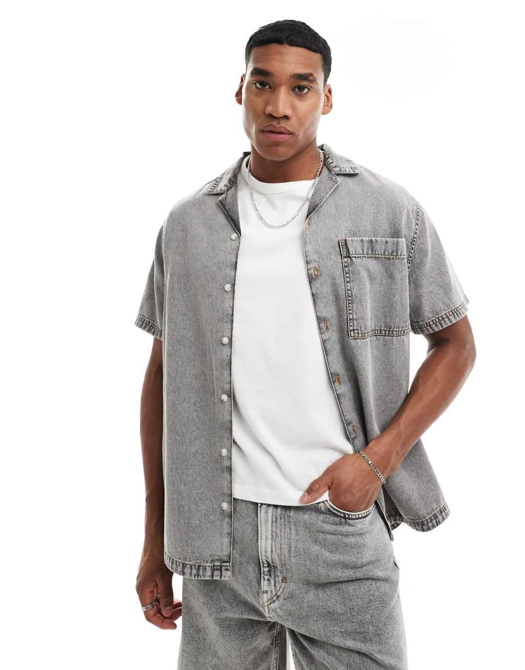 ASOS DESIGN relaxed revere washed denim shirt in gray Product Image