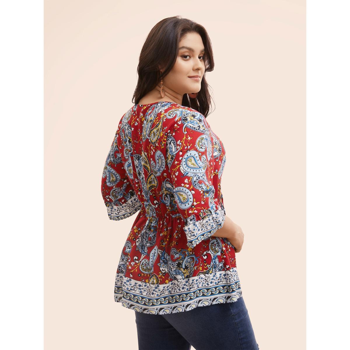 Plus Size Crimson Boho Print Tie Knot Tassels Crisscross Blouse Women Resort Elbow-length sleeve V-neck Vacation Blouses BloomChic 14-16/1X Product Image
