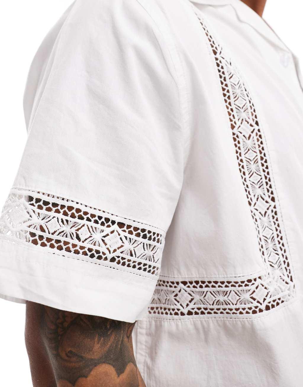ASOS DESIGN relaxed camp collar shirt in poplin with crochet inserts in white Product Image