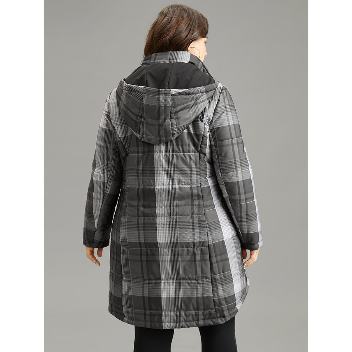 Plus Size Plaid Contrast Zipper Hooded Coat Women DimGray Casual Lined Ladies Dailywear Winter Coats BloomChic 14-16/1X Product Image