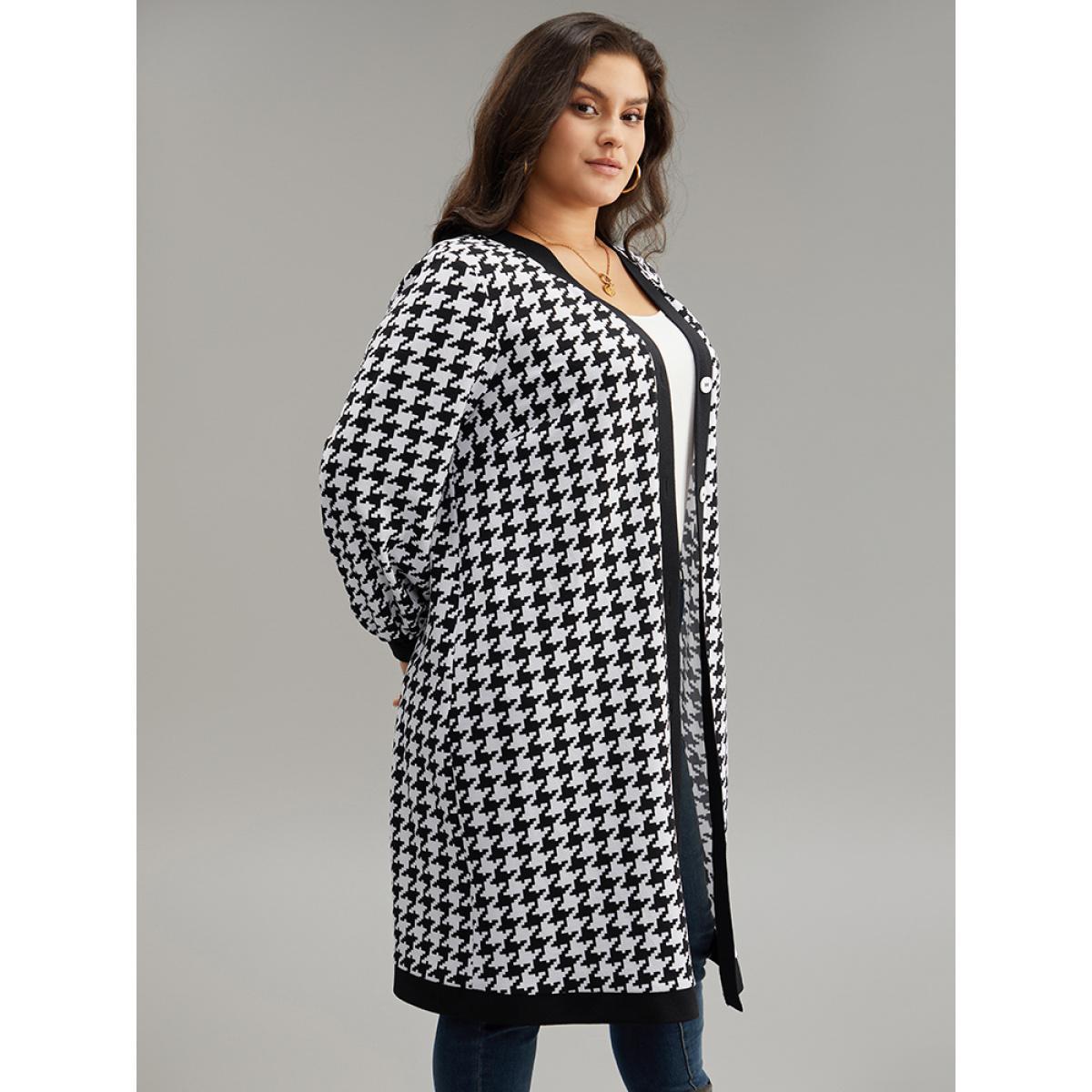 Plus Size Houndstooth Button Through Contrast Trim Jacket Women Black Contrast Dailywear Jackets BloomChic 18-20/2X Product Image