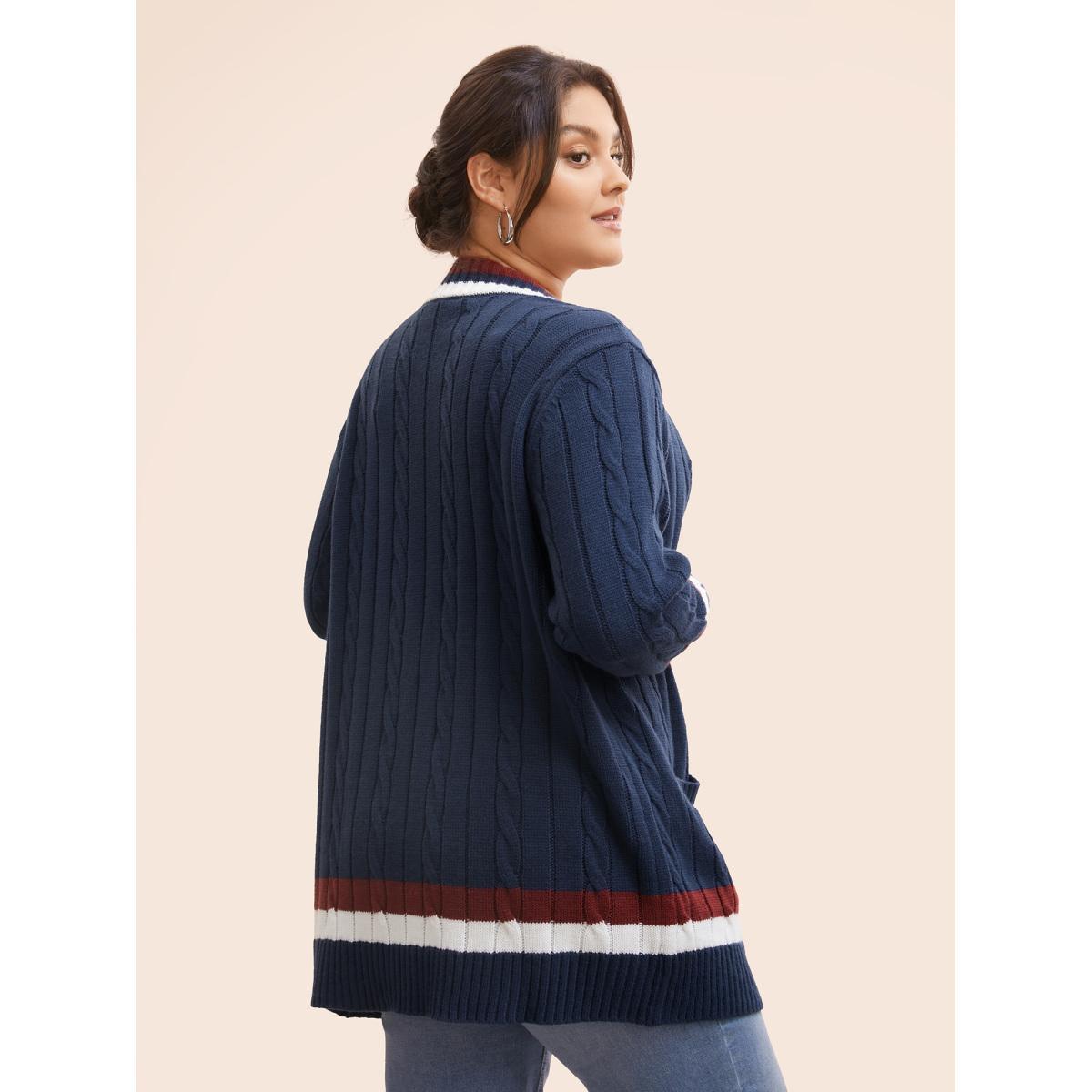 Plus Size Contrast Striped Patch Pocket Cable Knit Cardigan Indigo Women Casual Loose Long Sleeve Everyday Cardigans BloomChic 18-20/2X Product Image