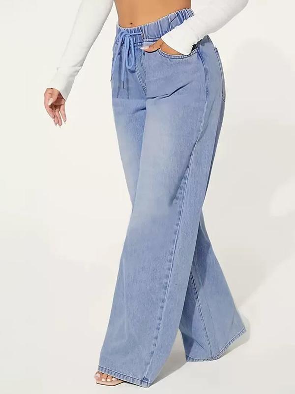 High Waisted Loose Drawstring Elasticity Split-Joint Jean Pants Bottoms Product Image