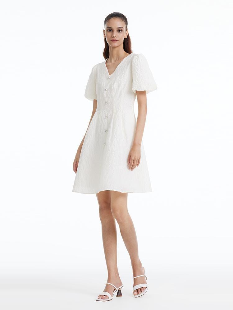 Fitted Waist And V-Neck Jacquard Midi Dress Product Image