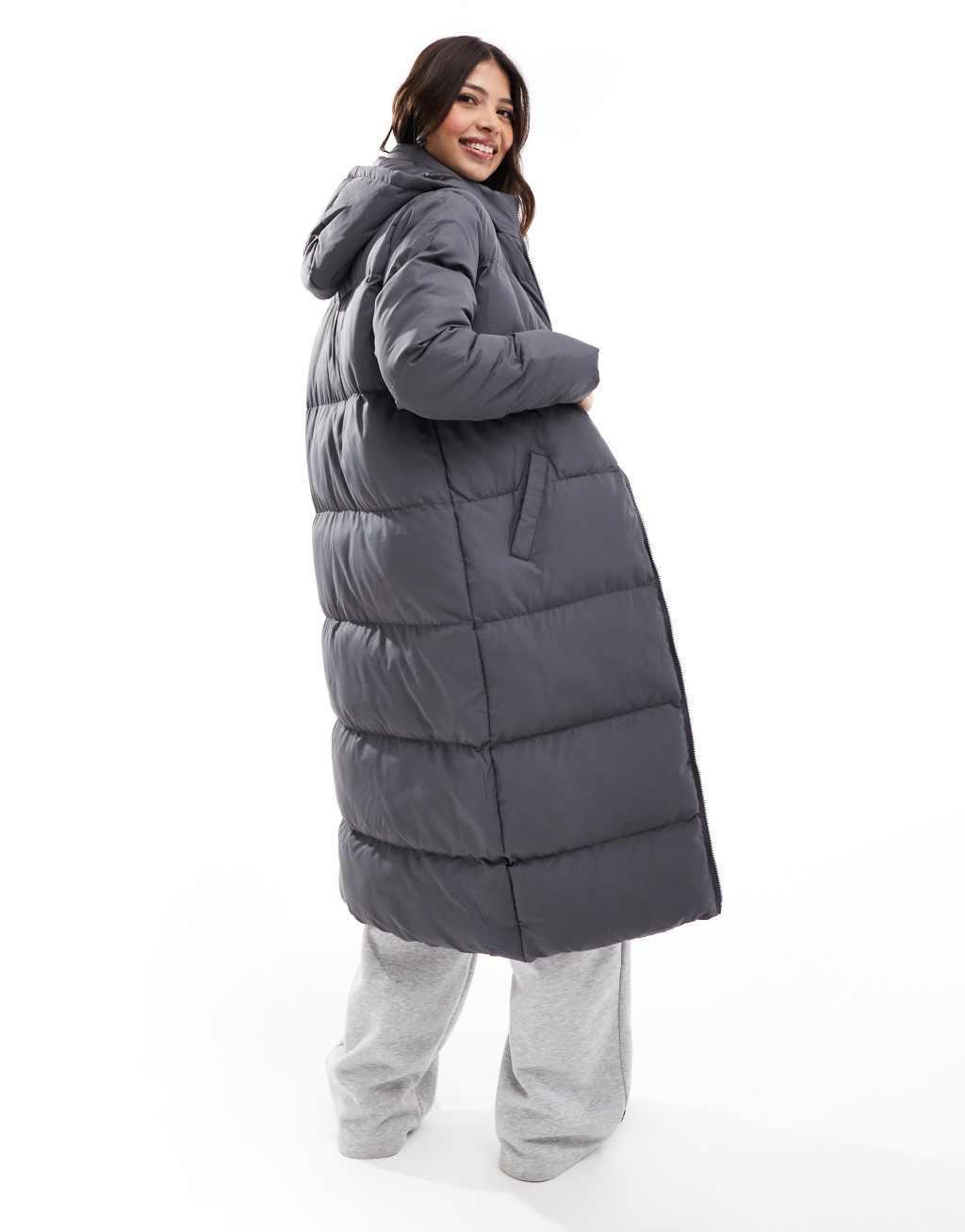 French Connection premium maxi puffer coat in dark gray Product Image