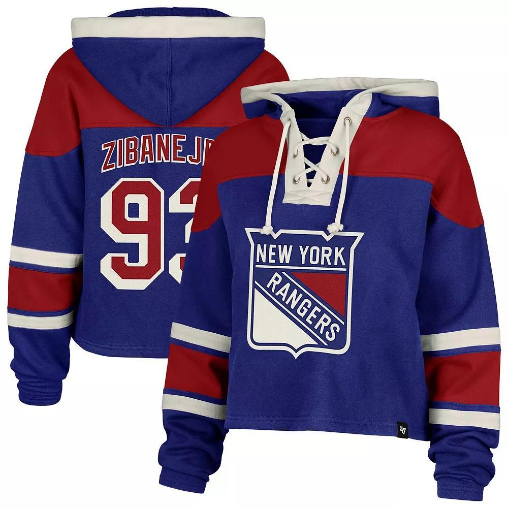 Women's '47 Mika Zibanejad Blue New York Rangers Superior Lacer Cropped Pullover Hoodie, Size: Large, Ran Blue Product Image