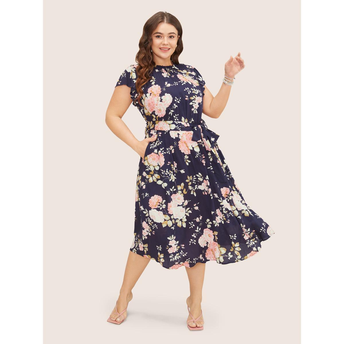 Plus Size Floral Frill Trim Mock Neck Pocket Ruffle Belted Cap Sleeve Dress DarkBlue Women Elegant Non Round Neck Short sleeve Curvy Midi Dress BloomChic 10/M Product Image