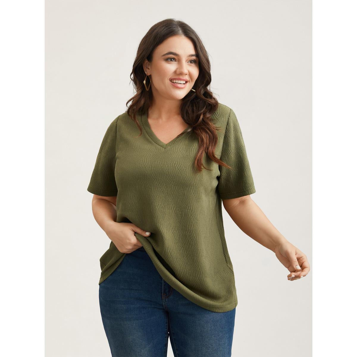 Plus Size Textured V-Neck Half Sleeve T-Shirt ArmyGreen Women Casual Texture V-neck Everyday T-shirts BloomChic 26/4X Product Image