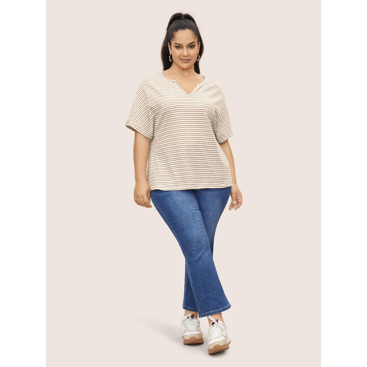 Plus Size Striped Flat Collar With V Notch Cuffed Sleeve T-shirt Tan Women Casual Contrast Flat collar with V-notch Everyday T-shirts BloomChic 22-24/3X Product Image