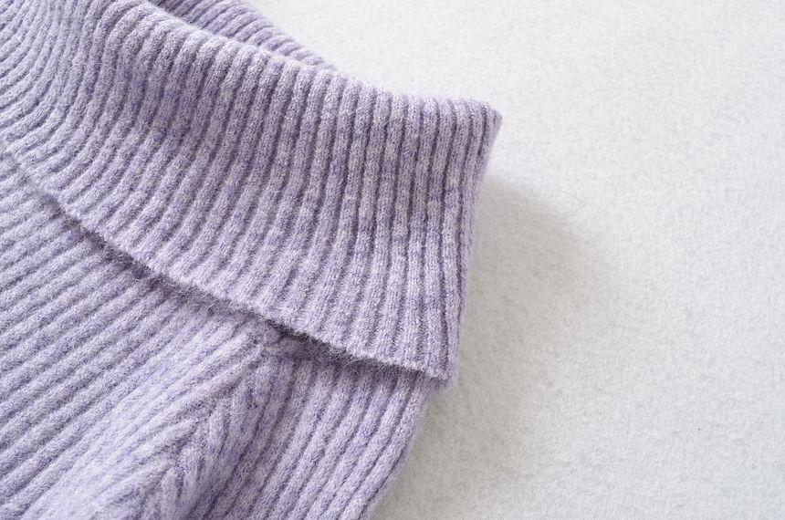 Off-Shoulder Long-Sleeve Plain Ribbed Knit Top Product Image