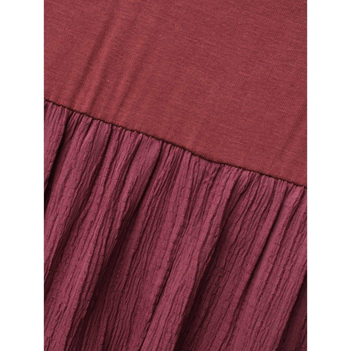 Plus Size 2-In-1 Patchwork Gathered Dress Burgundy Women Casual Texture Round Neck Long Sleeve Curvy BloomChic 14-16/1X Product Image