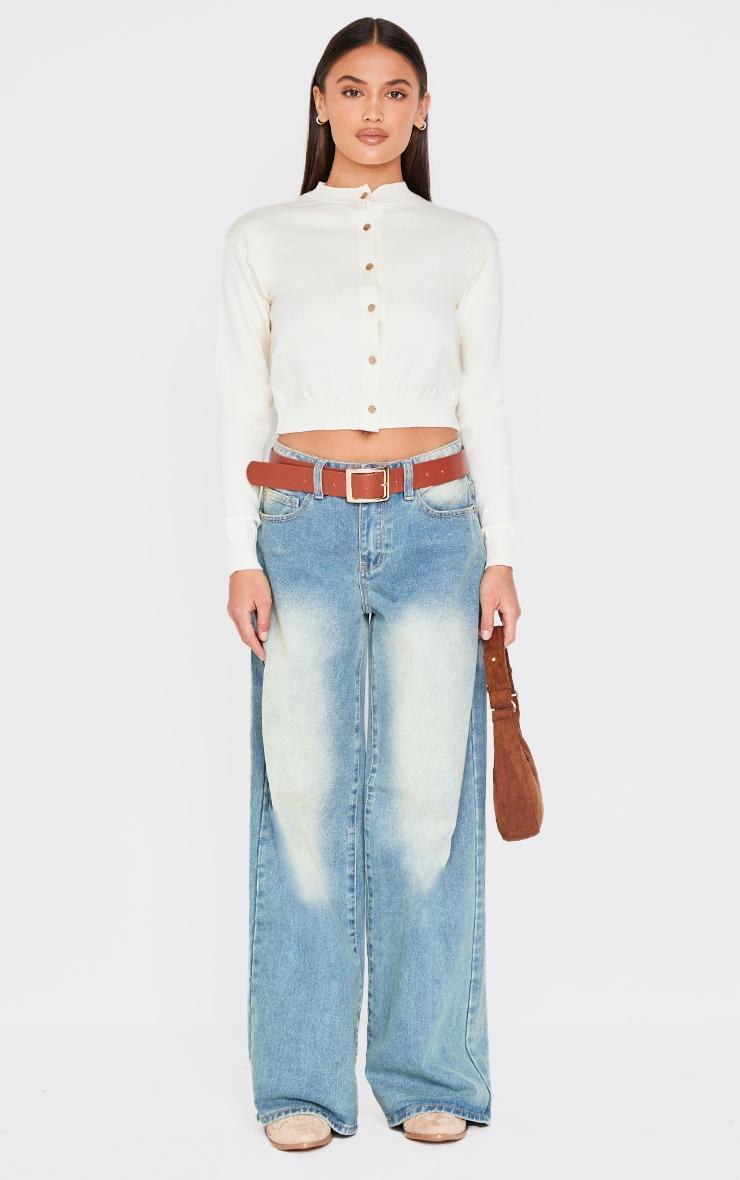 Cream Basic Knit Cropped Cardigan Product Image