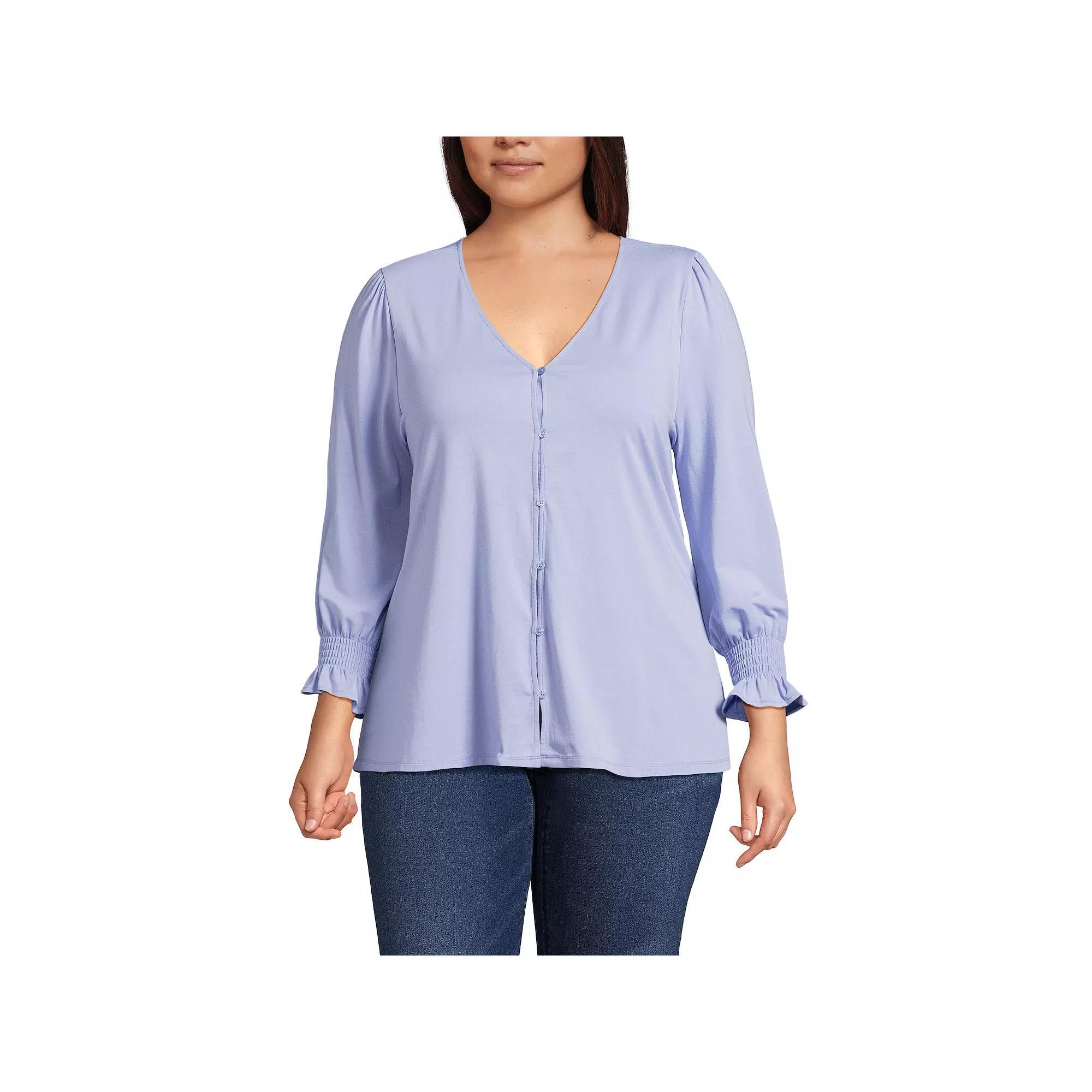 Plus Size Lands' End 3/4 Sleeve Lightweight Jersey Button Front Top, Women's, Size: 1XL, Deep  Blue Bloom Product Image