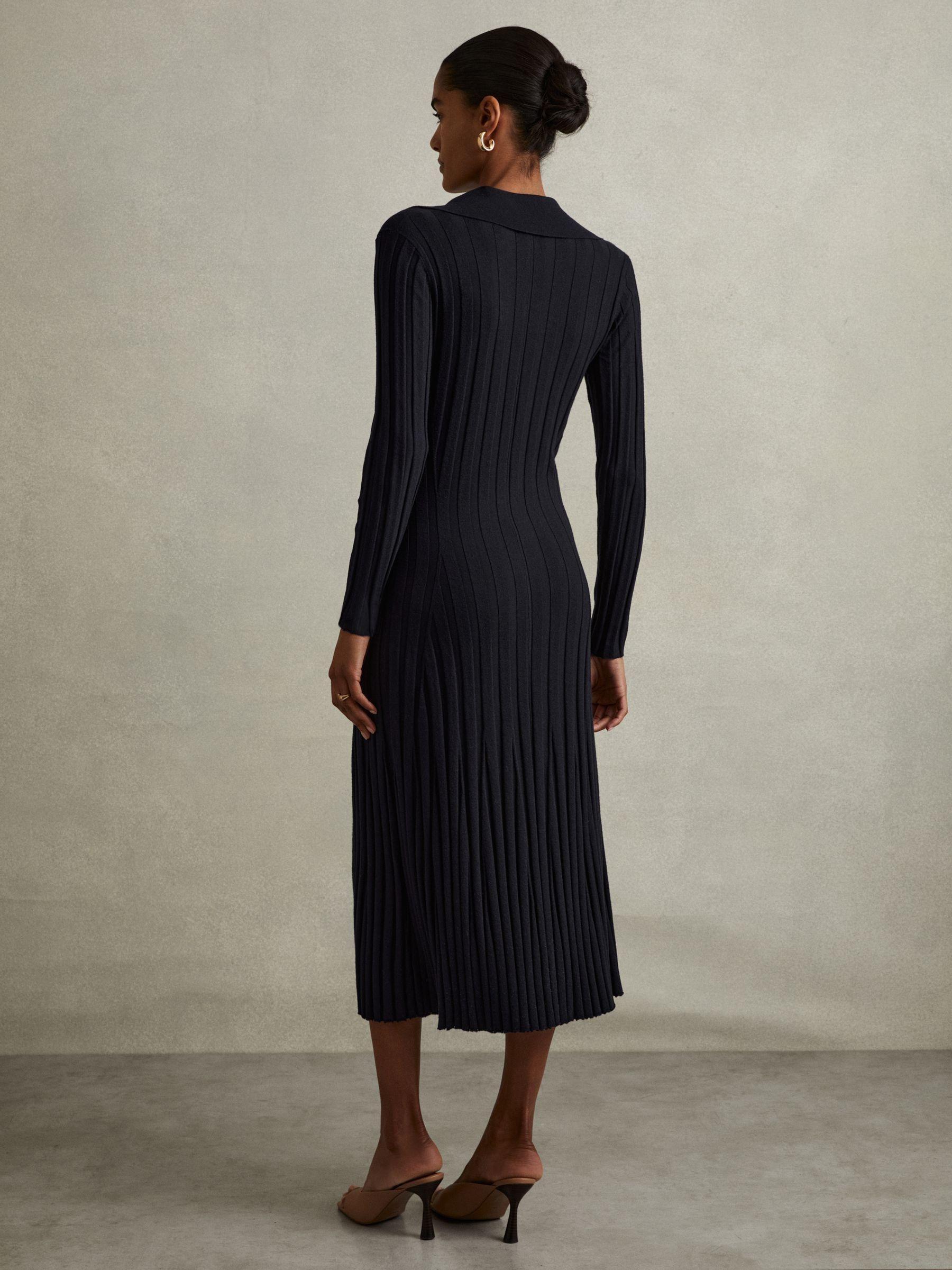 Petite Knitted Open-Collar Midi Dress in Navy Product Image