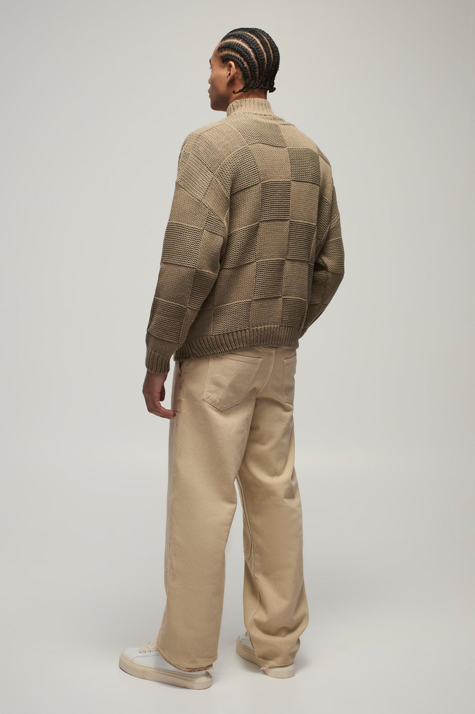 Oversized Funnel Neck Checkerboard Knitted Sweater | boohooMAN USA Product Image