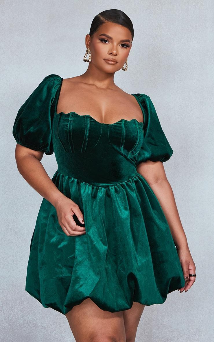 Plus Emerald Green Velvet Puffball Dress Product Image