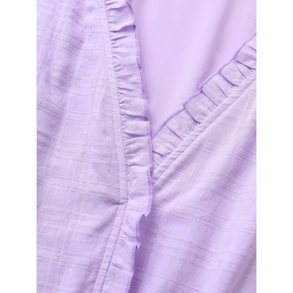 Plus Size Plaid Drawstring Puff Sleeve Frill Trim Dress Lilac Women Casual V-neck Short sleeve Curvy BloomChic 12/L Product Image