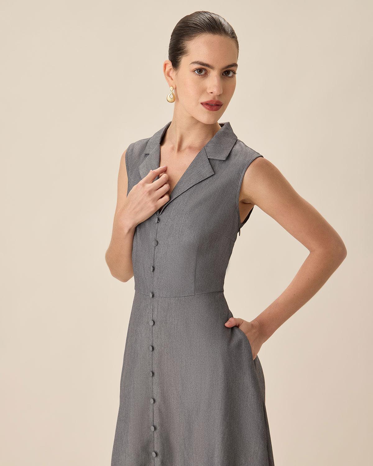 Grey V-Neck Button Midi Dress Product Image